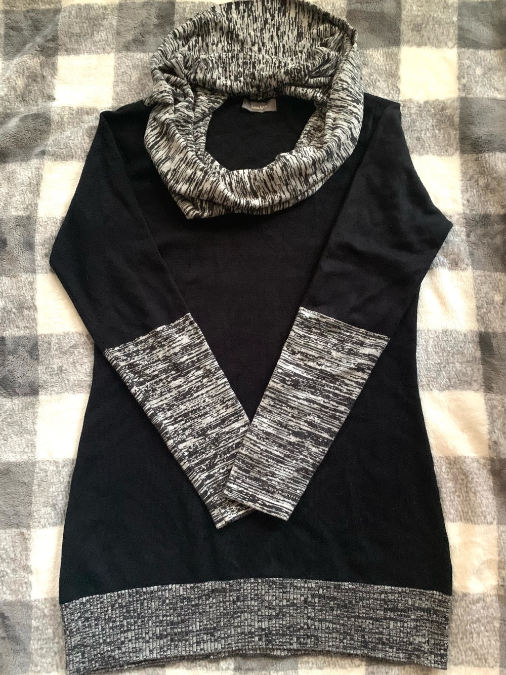 Neiman Marcus Black Sweater with Marled Gray Cowl Neck
